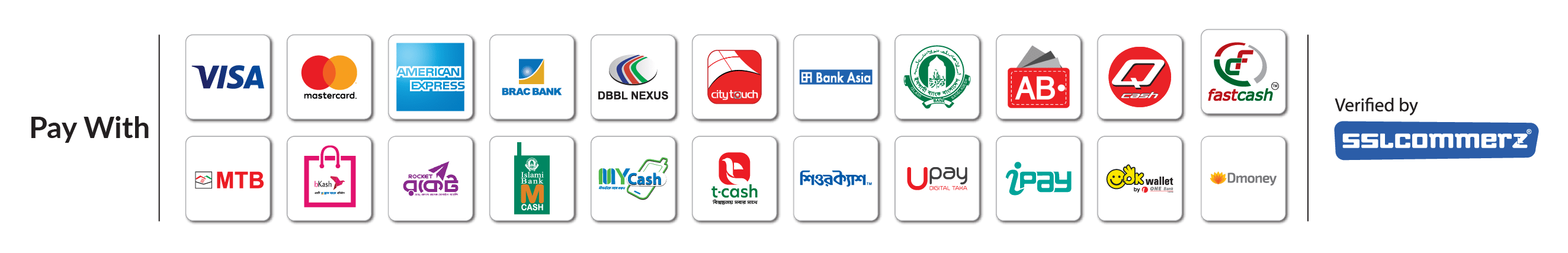Accepted payment methods including Visa, Mastercard, American Express, bKash and more, verified by SSLCommerz